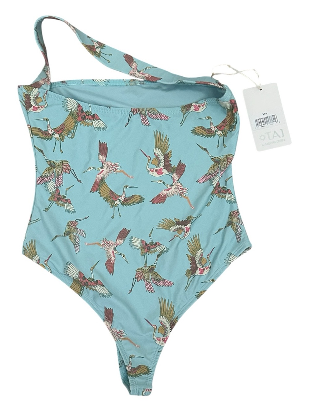 TAJ by Sabrina Crippa Turquoise Bird Print One Shoulder One Piece Bathing Suit - Picture 3 of 7